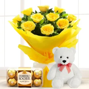 Yellow Roses Bouquet With ferrero rocher Teddy